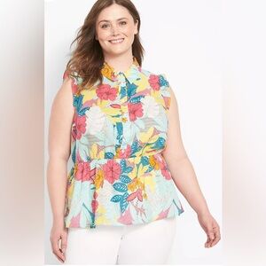 Lane Bryant Sleeveless Peplum Floral Top Cotton Linen Size 18 Pink Blue Yellow